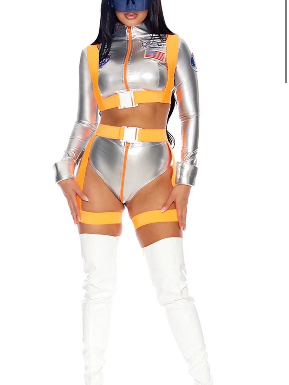 Fashion Nova Silver Metallic and Orange Two-Piece Space Costume